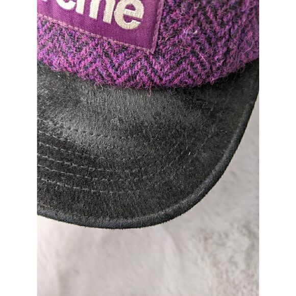 Supreme Harris Tweed 5 Panel Hat Purple Black Black Men's Logo Cap Vintage Made - Picture 4 of 7